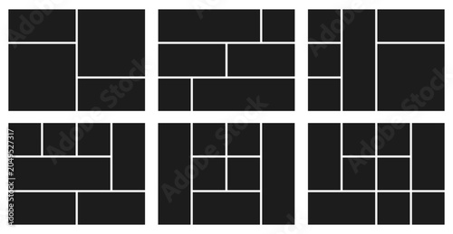 Bento grid abstract layouts with geometric tiles. Modern modular UI design panels, trendy web interface templates, collage frames and infographics. Vector illustration.