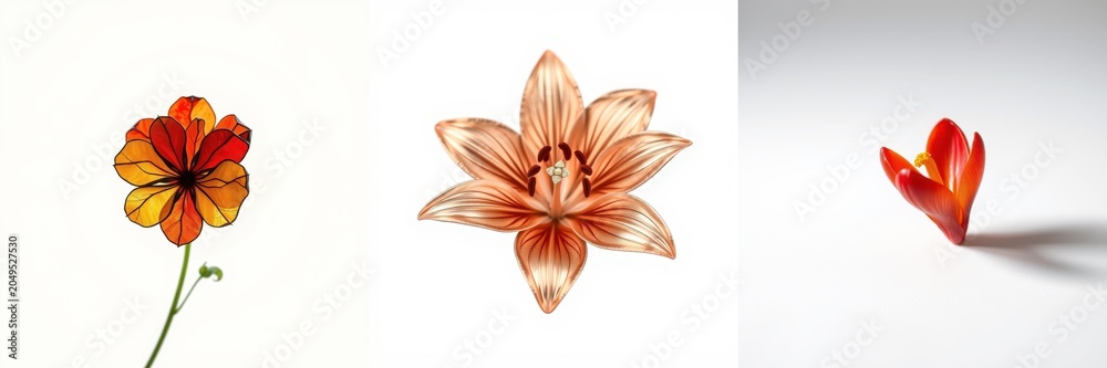 Obraz premium Floral composition. Three distinct blooms presented against neutral backgrounds. Delicate petals, warm tones, simple elegance.