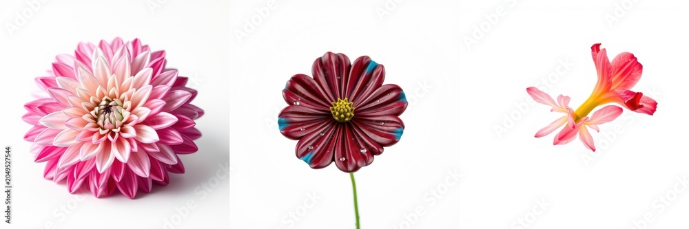 Obraz premium Floral composition. Three distinct blooms presented against white background. Delicate petals, vibrant colors, botanical study.
