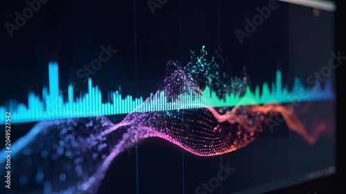 Vibrant digital waveform data visualization on screen.