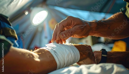 Medic Applying Bandage to Civilian's Arm for Medical Care and Healing