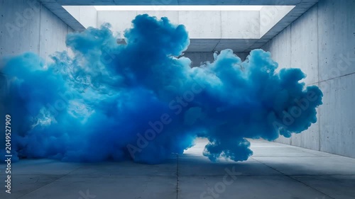 Vibrant blue smoke in modern concrete hallway.