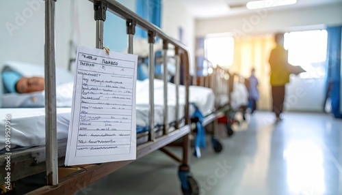 Medical chart with handwritten notes hanging from the side of a hospital bed in a clean ward