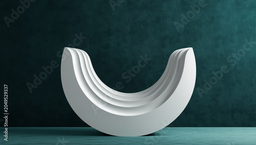 Abstract white wavy half-circle sculpture on a dark teal green background with still life interior design home decor three dimensional fine art sculpture abstract minimalist geometric