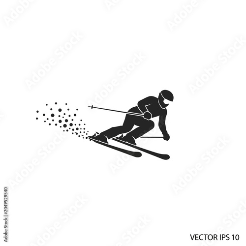 Minimalist skier silhouette icon executing a fast downhill turn with snow spray, clean vector illustration