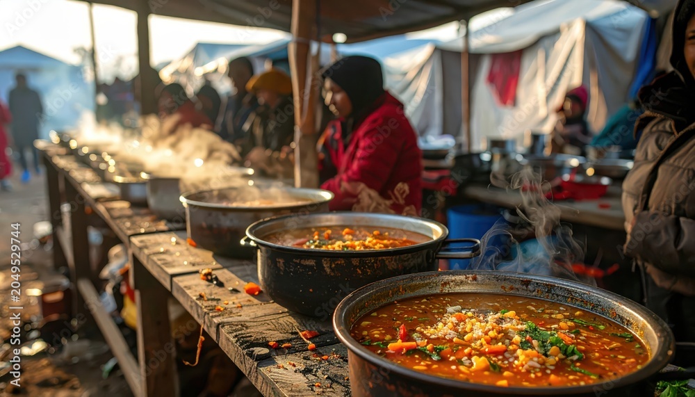 Obraz premium NGO field kitchen serving steaming bowls of soup to a waiting line of people in an outdoor setting
