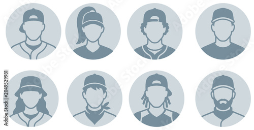 Set of baseball player avatar icons wearing caps and uniforms in a flat vector style.