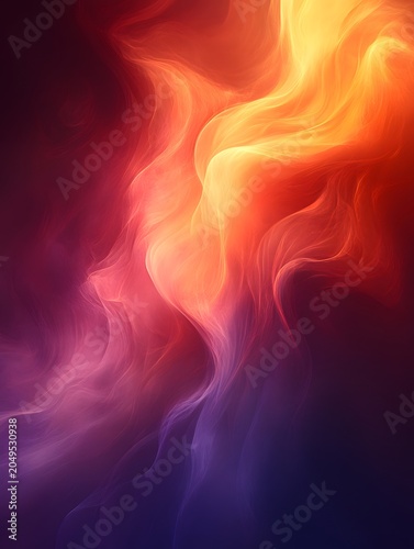 Abstract swirling smoke or gas in vibrant shades of orange, yellow, pink, and purple creates a mystical, fiery backdrop.