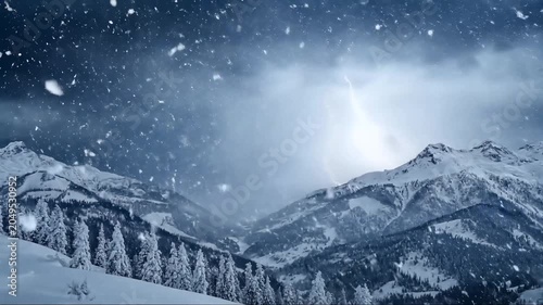 Snowy mountain landscape with night sky.