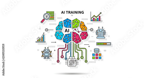 Ai training illustration with brain connections and data analysis elements on white background