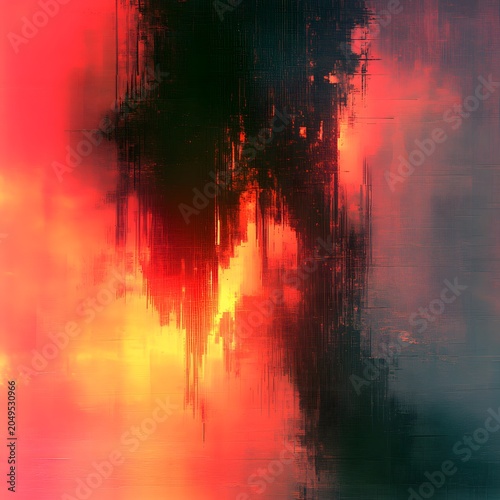 An abstract artwork features intense streaks of fiery reds and oranges contrasting with dark, vertical elements, suggesting a dramatic scene.