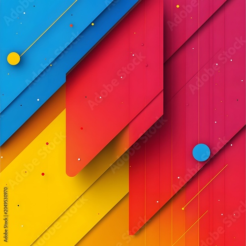 An abstract background features a vibrant diagonal pattern with overlapping colorful geometric shapes and scattered tiny white dots.
