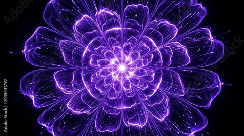 Vibrant purple glowing flower with intricate neon petals and a radiant center creates a stunning abstract digital art piece against a deep dark black background