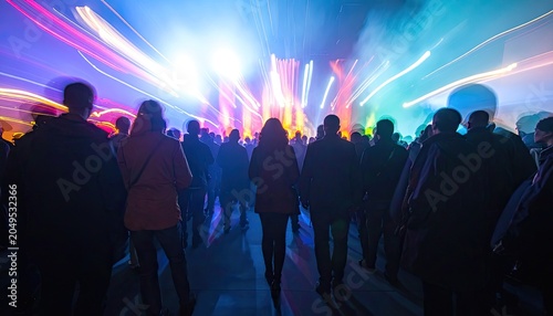 A crowd of silhouettes watches a vibrant concert stage with colorful lights and motion blur.