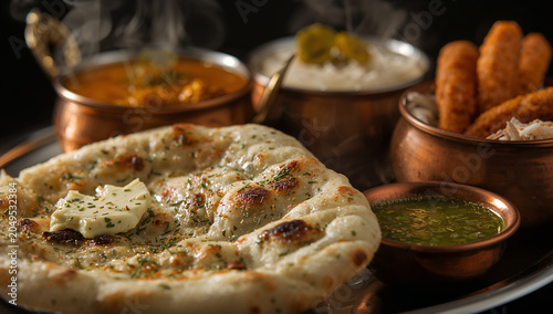 Authentic indian dinner featuring freshly baked naan bread with butter steaming curries basmati rice appetizers served on a dark background indian food copper bowl hot food photography