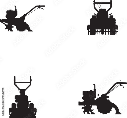 Four black silhouettes of walk-behind rototillers and garden tillers isolated on a white