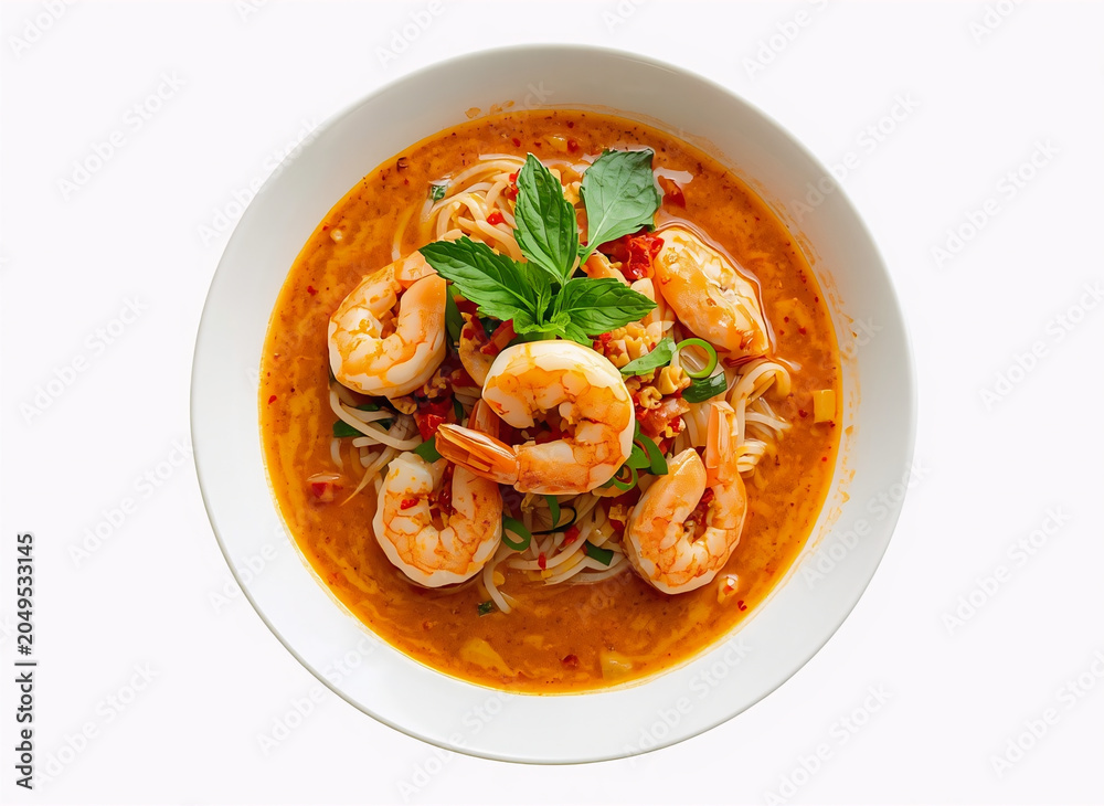 Fototapeta premium Creamy Shrimp Curry with Herbs on White Plate Top View