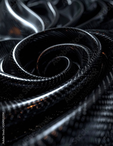 A close-up abstract view of a dark, swirling, textured material.