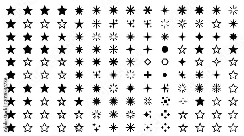 Set of various black star and sparkle flat line icons isolated on white background, perfect for branding design, website decorations and creative graphic presentations