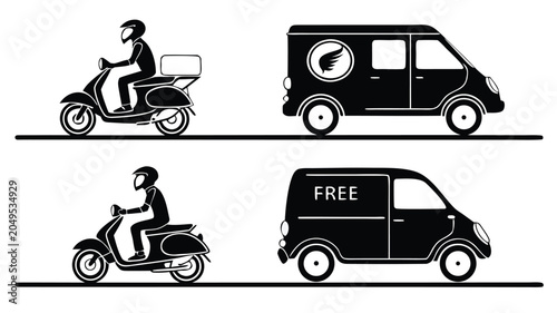 Vector illustration delivery person riding scooter and van with free shipping logo icons