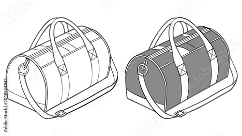 Vector illustration two stylish duffel bags with handles and compartments in line drawing style