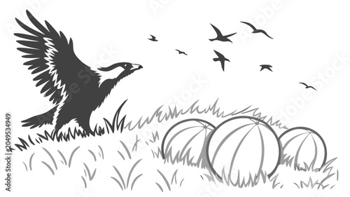 Vector illustration black bird of prey flying over pumpkins with flock of birds in artistic line drawing style