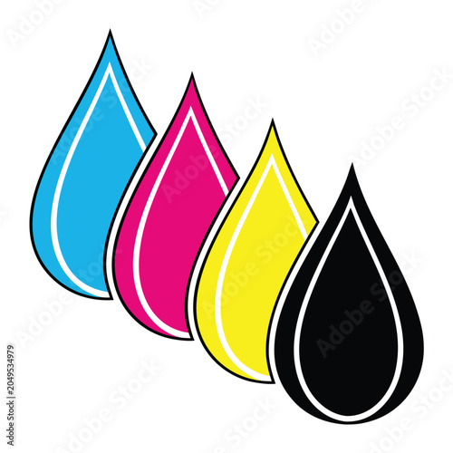 Vector illustration colorful ink droplets arranged in a row with vibrant cyan, magenta, yellow, and black hues