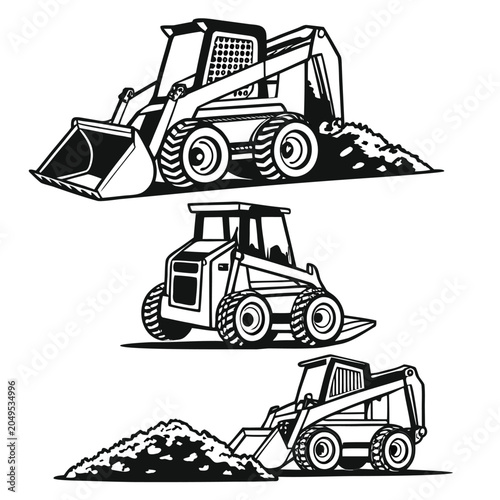 Vector illustration three different positions of a skid steer loader in construction work illustrations
