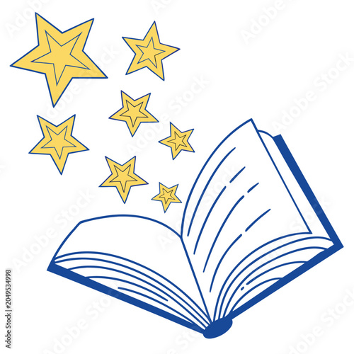 Vector illustration illustration of an open book with golden stars floating around it symbolizing imagination and learning