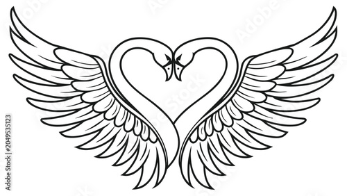 Vector illustration elegant black and white swan wings forming a heart shape symbolizing love and unity