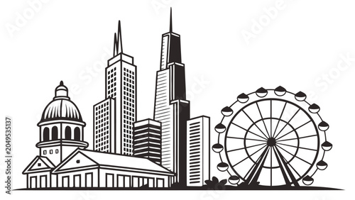 Vector illustration illustrated city skyline with iconic buildings and ferris wheel in black and white vector style