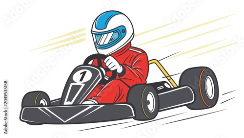 Vector illustration cartoon character racing in a gokart with protective helmet and racing suit
