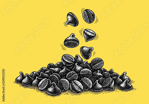 A pile of delicious chocolate chips falling and scattered on a bright yellow background.