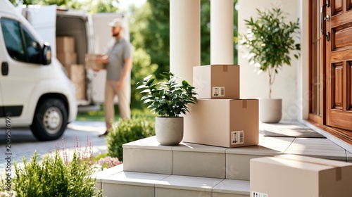 Delivery boxes waiting at the entrance to a house delivered by courier service arriving with truck, shipping and e-commerce concept image with copy space