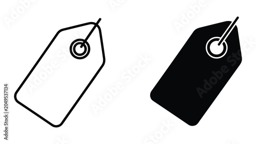 Photos Black and white tag icons with holes and strings for labeling purposes