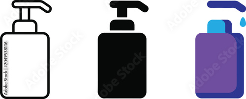 Hand sanitizer dispenser icons in white, black and purple with liquid dispensing