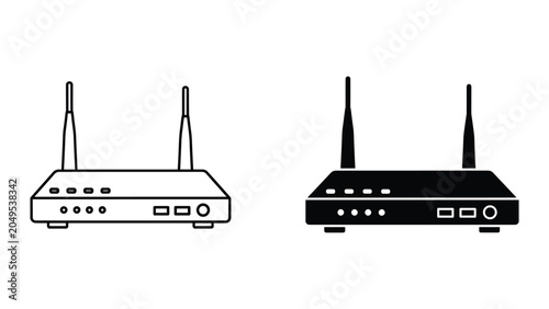 Bild auf Leinwand Vector illustration of black and white router icons with antennas on a white bac