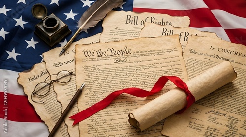 The United States Constitution and Bill of Rights on an American flag