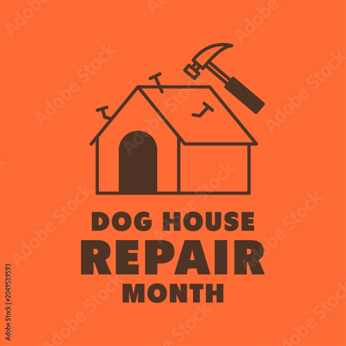 Dog house repair month vector illustration banner template with hammer, nails, and doghouse line icon on orange background.