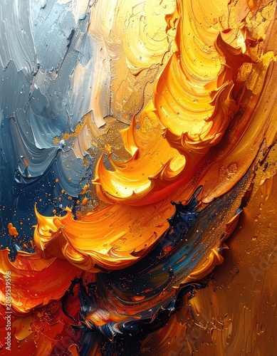 Textured abstract painting with bold strokes of yellow, orange, and blue.