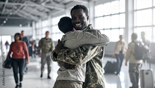 Soldier in modern combat fatigues emotionally embracing a loved one upon return