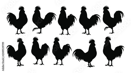 Quadro su tela Collection of black rooster silhouettes in various poses a decorative farm anima