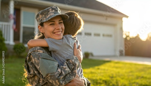 Soldier in modern uniform joyfully embracing child upon returning home to suburban house