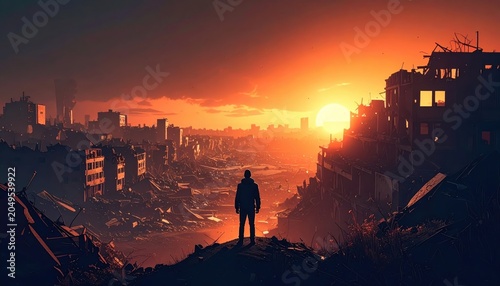 Silhouette of a solitary figure standing on a hilltop overlooking a destroyed city at sunset, conveying a sense of desolation and reflection.