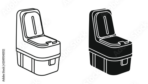 Black and white line art illustration of two portable toilets side by side on white background