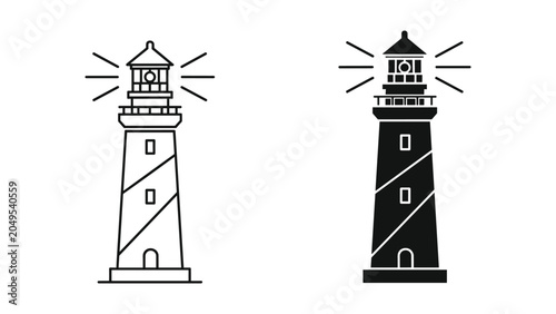 Bild auf Leinwand Black and white lighthouse icons with light beams emitting from the top in line