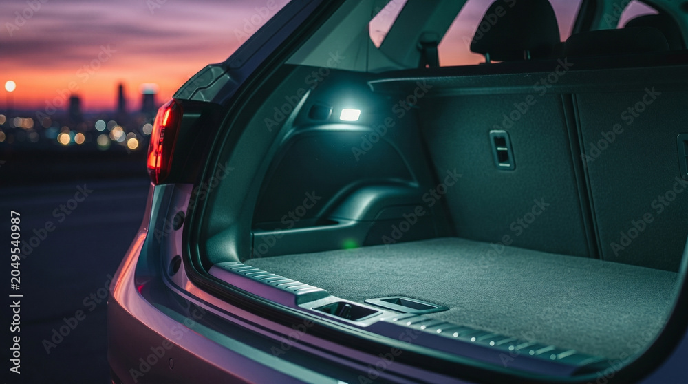 Fototapeta premium Brightly illuminated car trunk interior showing empty cargo area with clean upholstery and automatic LED lighting at dusk overlooking colorful city skyline during scenic travel time.