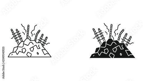 Canvastavla Black and white line art illustration of two piles of rubble with rebar sticking