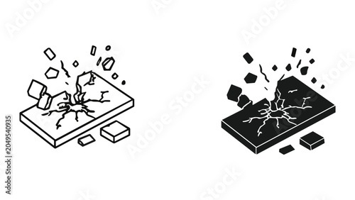 Foto Two cracked screen icons in black and white with shattered glass effect on a whi