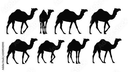 Collection of camel silhouettes in various poses against a white background silhouette camels dromedary arabian desert animal wildlife black vector